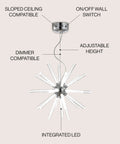 Chrome Integrated LED Starburst Pendant Light, 19.5 Inch Sputnik Chandelier With Adjustable Height and Ceiling Features