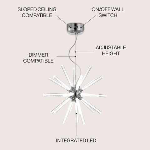 Chrome Integrated LED Starburst Pendant Light, 19.5 Inch Sputnik Chandelier With Adjustable Height and Ceiling Features