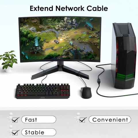 Gaming computer setup with monitor, keyboard, and tower connecting with RJ45 Ethernet Cable Extender Coupler for Cat5 to Cat8 cables.
