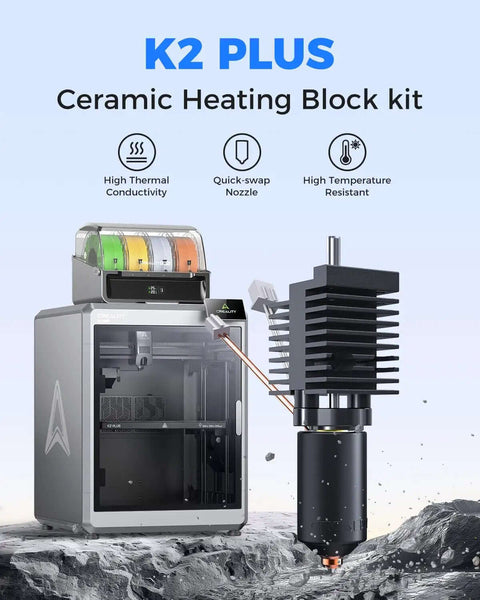 K2 Plus Ceramic Heating Block Kit With Unicorn Quick Swap Nozzle Kit for 3D Printer, showcasing all-metal design and ceramic heater.