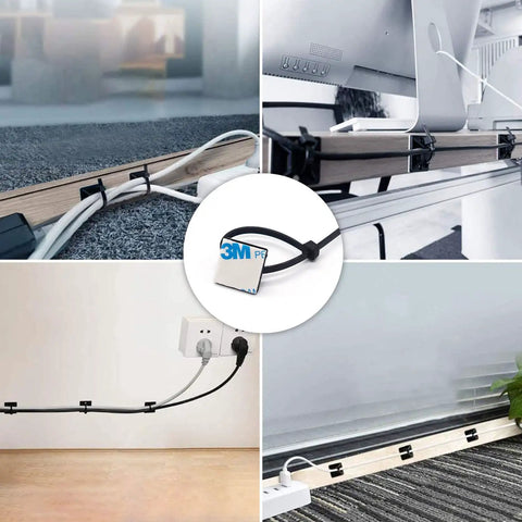 Heavy Duty Self Adhesive Cable Zip Tie Mount Kit With Fifty Sets Of Three Quarter Inch Mounts And Fifty Zip Ties Of Six Inch Length Nylon For Outdoor Wire Organization No Fuss Easy Install Black installed indoors and outdoors.