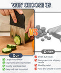 Segaixlj stainless steel crinkle cutter with black non-slip handle slicing cucumber on a wooden cutting board