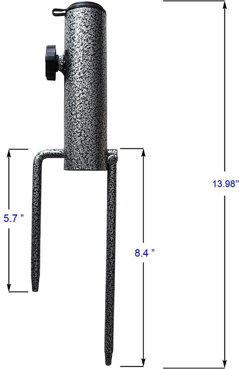 Adjustable Portable Umbrella Base With Heavy Duty Metal Holder Stand Auger For Sand Grass Flag Umbrellas And Fishing Rods Outdoor Park Patio Beach Ground Anchor showing side view with dimensions.
