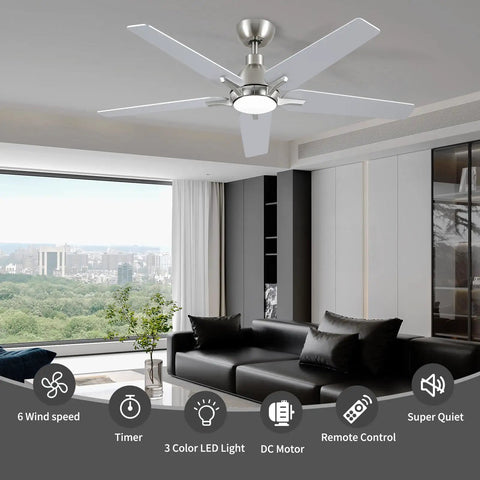 52 Inch Ceiling Fan With Lights And Remote, Brushed Nickel Finish, in modern living room, five dual color engineered wood blades