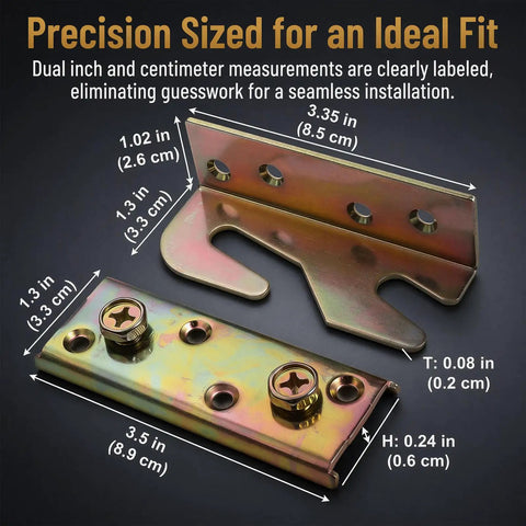 No Nonsense Heavy Duty Bed Rail Brackets Kit with Rock Solid wood frame connectors plates showing precision measurements for installation.