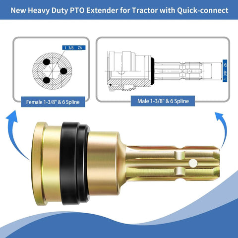 Beefed Up PTO Extender Adapter 1-3/8 Inch 6 Spline Quick Connect Male To Female Shaft Extension with gold finish and quick-connect design.