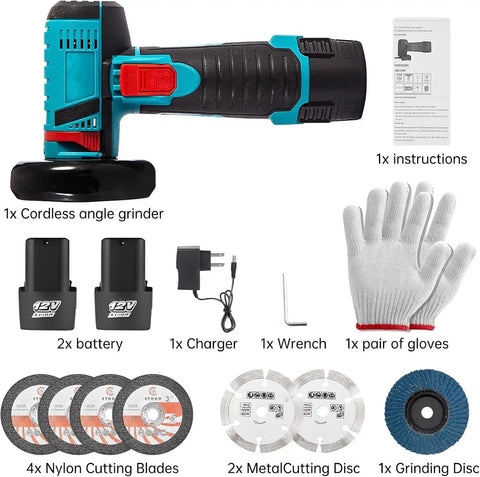 Cordless Angle Grinder Tool With 19500 RPM Two Batteries Fast Metal Grinding And Cutting Lightweight Handheld Electric Grinder