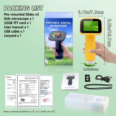 Kid Friendly Digital Handheld Microscope With 5 Slides 2.4 Inch IPS LCD 1000X Magnification 1080P Video 32GB Card Portable Pocket Microscope For Boys And Girls Aged 3 To 12 Cool Science Toy, yellow handheld set
