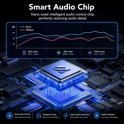Smart audio chip with graph displaying frequency ranges, part of Portable Bluetooth Speaker With Lights For Holidays And World Cup Fans.
