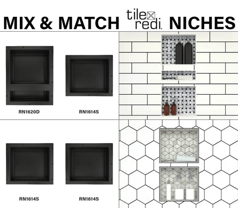 Mix and match recessed shower niche shelf in black, one inner shelf, 16 W x 14 H x 4 D, easy install, tile-ready storage