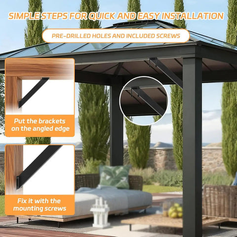 Heavy Duty 45 Degree Angle Brackets, Top Shelf Post And Beam Corner Supports For Deck And Pavilion, solid steel installation guide.