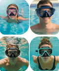 Anti Fog Diving Mask With 180 Degree Field Of View For Adults on swimmers in pool, showing black, blue, pink, and green masks.