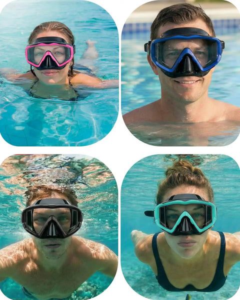 Anti Fog Diving Mask With 180 Degree Field Of View For Adults on swimmers in pool, showing black, blue, pink, and green masks.