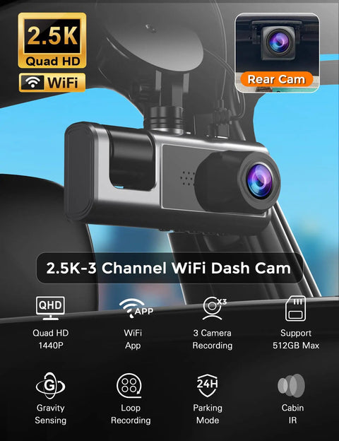 3 Channel WiFi Dash Cam installed in car showing front camera, 2.5K plus 1080P footage, G-Sensor, loop recording, 24H parking mode.