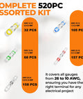 520 Piece Solder Seal Wire Connectors Kit with Waterproof Heat Shrink Butt Terminals, color-coded sizes for 26 to 10 AWG.