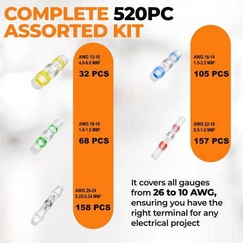 520 Piece Solder Seal Wire Connectors Kit with Waterproof Heat Shrink Butt Terminals, color-coded sizes for 26 to 10 AWG.