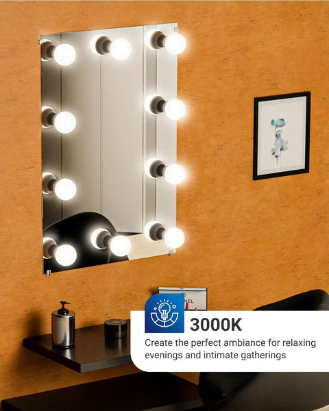 Vanity mirror with Six Pack E12 LED Bulbs For Candelabra Sockets, 3000K Warm White, CRI92, 450 Lumens, 5W Equivalent, G14 globe bulbs