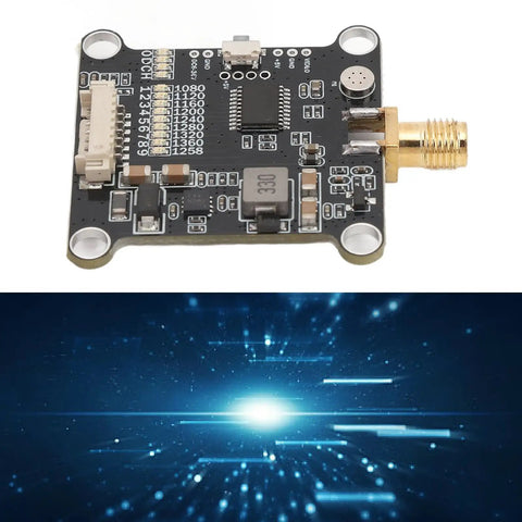 1.2G VTX Video Transmitter Module With 1.6W Output for FPV Drone Racing, low latency, compact design on circuit board background