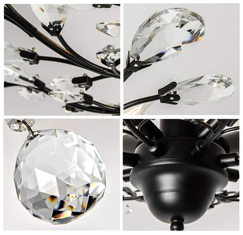Details of crystal accents and black finish on Three Light Vintage Crystal Branch Chandeliers Black Finish Farmhouse Hanging Pendant Fixture