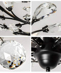 Close-up of K9 crystals and black metal on Black Crystal Branch Flush Mount Chandelier With 4 Lights, 24.5 Inch Diameter