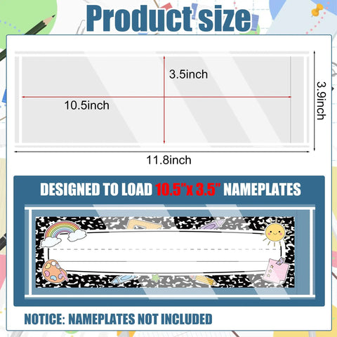 40 Pack Clear Self Adhesive Nameplate Pockets For Desks 10.5 By 3.5 Inches showcasing sizing and design details