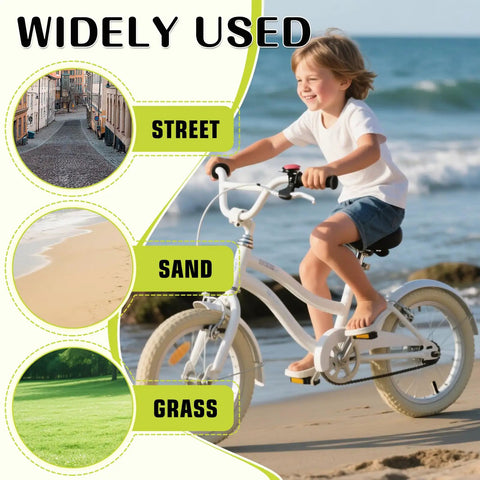 Child riding bike with Two Pack 16X2.125 Bike Tires With Inner Tubes And Tire Levers For 16/18/20 Inch Kids Bikes And BMX White on sand