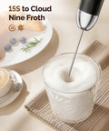 Rechargeable Milk Frother With Stepless Speed Control LunaFro V2 Handheld Electric Foam Maker frothing milk in a glass