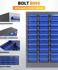 Beefy Heavy Duty Small Parts Storage Organizer With 40 Blue ABS Drawers, steel cabinet for screws and fasteners, front view.