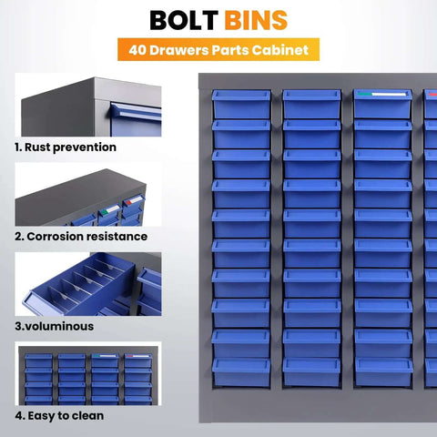 Beefy Heavy Duty Small Parts Storage Organizer With 40 Blue ABS Drawers, steel cabinet for screws and fasteners, front view.