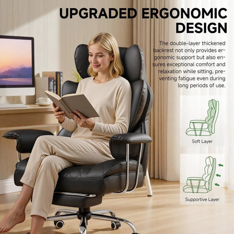 Woman sitting on Big And Tall Leather Office Chair With Footrest High Back Ergonomic Gaming Chair Pocket Spring Lumbar Support And Outward Fixed Soft Armrests For Executive Comfort And All Day Back Support, reading a book.