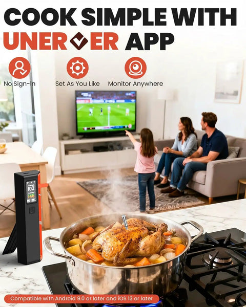 Digital base of wireless meat thermometer with WiFi and Bluetooth on kitchen counter showing app monitoring roast in cooking pot.
