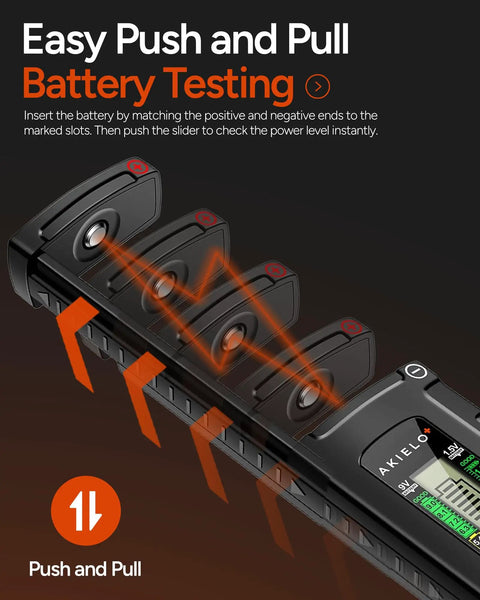 Universal Battery Tester With Clear LCD Readout No Battery Needed For AA AAA C D 9V And Button Cells Quick 18 Level Power Check, push-pull slots