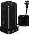 12 Outlet Surge Protector Power Strip With 4 USB Ports And A 10 Foot Cord, Fireproof Overload Protection, vertical black tower