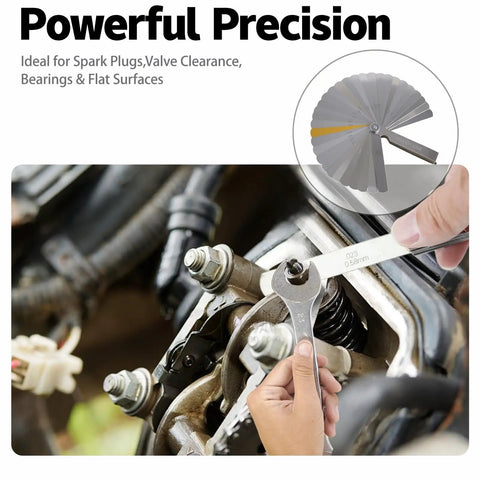 Pro Grade 24 Inch Machinist Precision Straight Edge For Cylinder Heads And Engine Blocks, Flatness Check With Warp Detection, Bearing Saddles, Cam Covers, Flywheels, And Other Critical Machining Surfaces. Metal feeler gauge measuring engine valve clearance on a rocker arm