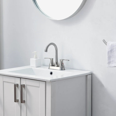 4 Inch Centerset RV Bathroom Faucet In Brushed Nickel Modern Camper Vanity Sink Tap Two-Handle Stainless Steel Lavatory Faucet For 3-Hole Setup No Fuss Install Durable Lead Free Construction on white vanity with round mirror