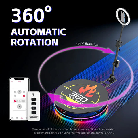 360 Spin Photo Booth With Ring Light And RGB Lighting, Remote App Control, Automatic 360 Rotation, Flight Case Included