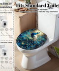 Round Resin Toilet Seat for Bathroom featuring a peacock design, fitting standard toilets with adjustable hinges.