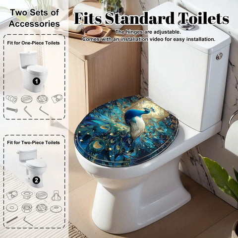 Round Resin Toilet Seat for Bathroom featuring a peacock design, fitting standard toilets with adjustable hinges.