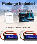 Package contents including 7.4V 2S 60C Burst 120C 300mAh LiPo Battery With JST Red And PH2.0 White Plugs, user manual, and box