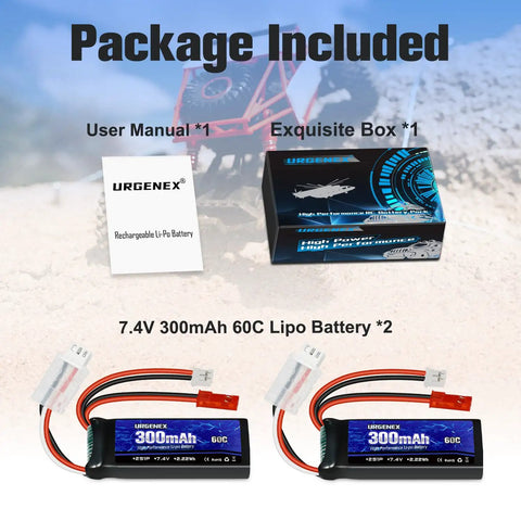 Package contents including 7.4V 2S 60C Burst 120C 300mAh LiPo Battery With JST Red And PH2.0 White Plugs, user manual, and box