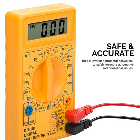 Digital Multimeter And Diode And Transistor Tester For Automotive And Home Use, LCD display, front view with test leads