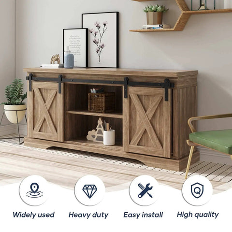 5 Ft Double Barn Door Hardware Track Kit For Cabinets And Closets installed on a wooden cabinet with decor, sliding rail visible
