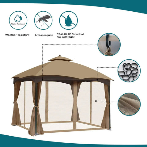 Universal Replacement Mosquito Netting For 10 By 10 Gazebo With 4 Panel Screen Walls And Zippers Outdoor Canopy Netting Weather Resistant Polyester Khaki Mosquito Net Only displayed on gazebo