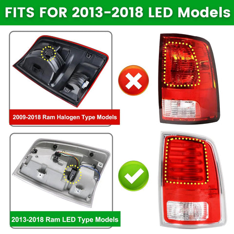 Comparison chart of Dodge Ram LED Tail Light Assembly Right Passenger Side For 2013-2018 Ram 1500 And 2014-2018 Ram 2500 3500 models.