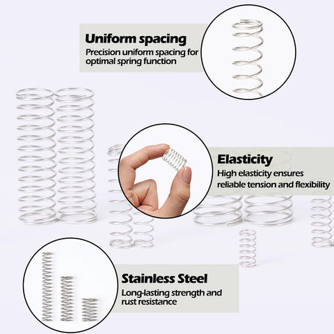 Front view of stainless steel compression springs in an 185-piece, 13-size assortment kit for home repair