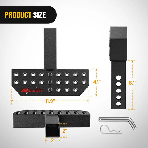 Product diagram showing dimensions and components of 2-Inch Hitch Step With 11.9 Inch Textured Anti Slip Bar And Rear Bumper Guard.
