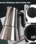 Electric Aluminum Moka Pot For 5 To 6 Cup Espresso Maker With Detachable Base Quick Plug In Home Coffee Barista Vibe Mocha Pot Italian And Cuban Café Coffeemaker Espresso Pot Black, stainless steel design with detachable base and plug