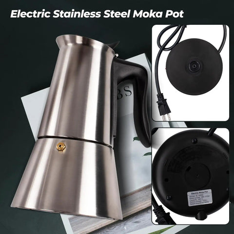 Electric Aluminum Moka Pot For 5 To 6 Cup Espresso Maker With Detachable Base Quick Plug In Home Coffee Barista Vibe Mocha Pot Italian And Cuban Café Coffeemaker Espresso Pot Black, stainless steel design with detachable base and plug