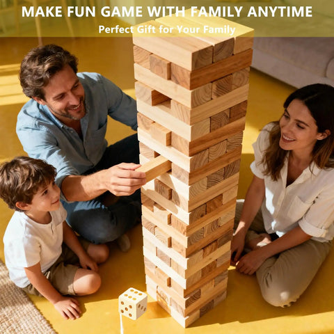 Family playing with Giant Wooden Tumbling Tower 5.3 Feet Tall With 60 Premium Pieces at home living room.