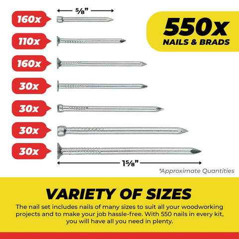 All Purpose Nail Set Bundle For DIYers Includes Finish Nails, Common Nails, Brad Nails, Wire Nails, And Picture Hanging Nails varieties